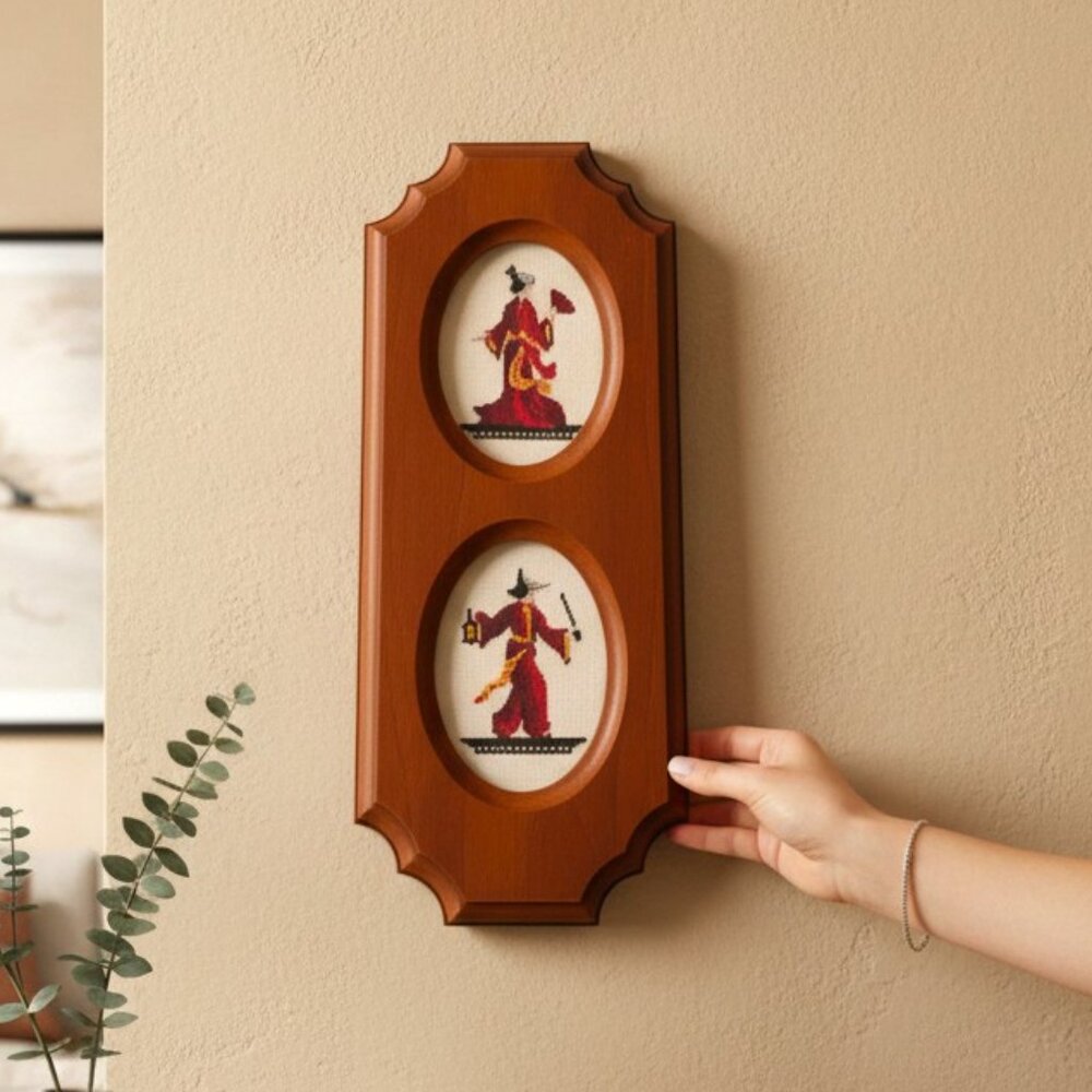 Vintage Handcrafted Artisan Hobbyist Chinoiserie Petit Point Wood Wall Plaque